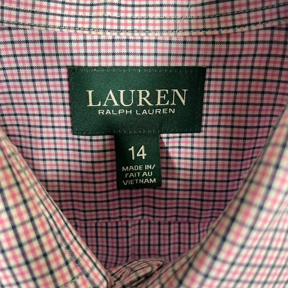 Lauren Ralph Lauren Button Down Shirt Boys Size 14 Pink Blue Collar L/S Dress